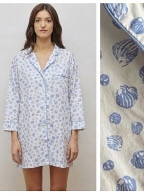 Marigot White Blue Seashell Lorient Block Print Nightshirt S